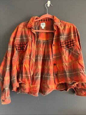 BDG Red Orange Plaid Flannel Button-Up
